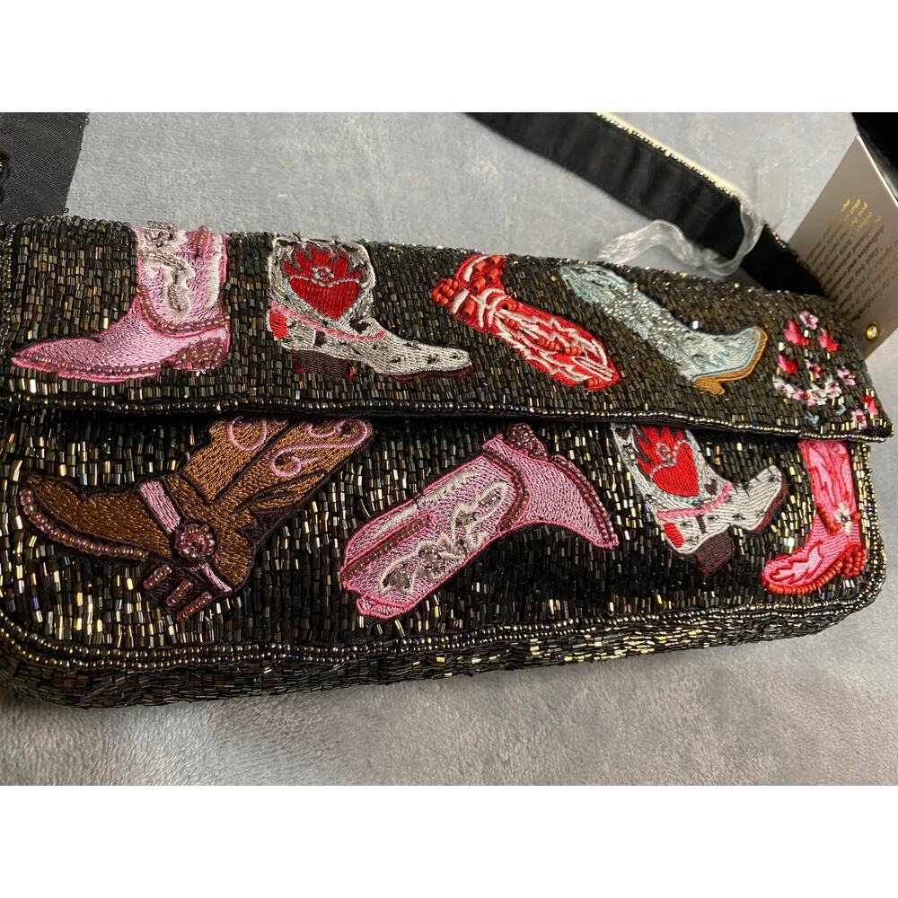 Unbranded Shoulder Bag Black Multicolor Beaded Small Cowboy Boots Novelty NWT - Picture 3 of 9